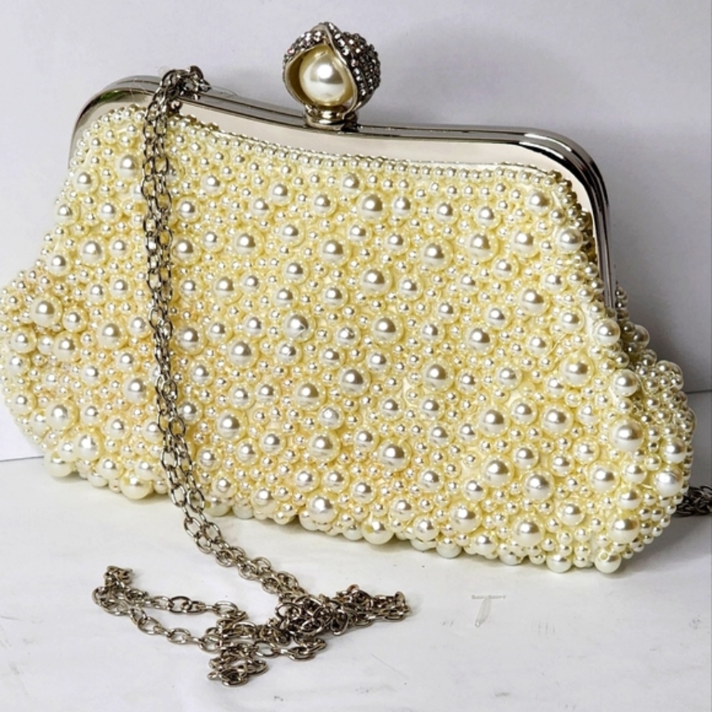 Caleesa Beige Evening Pearl-Embellished Clutch Purse